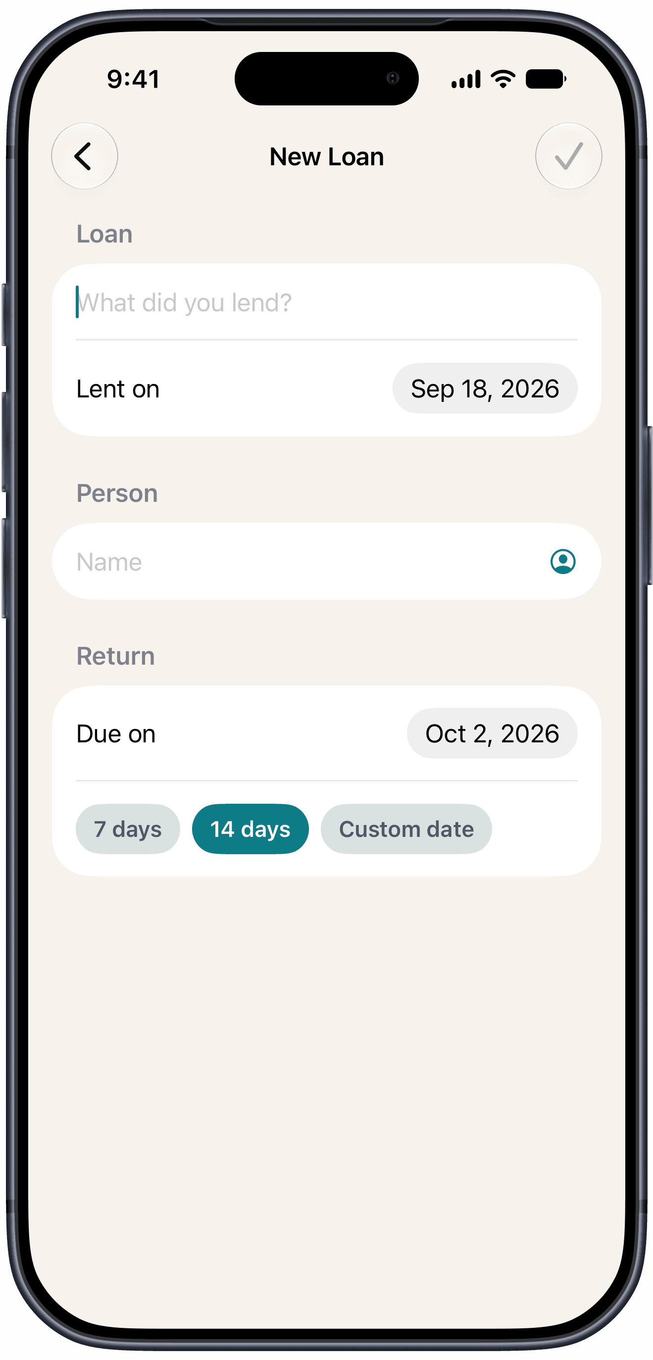 The New Loan screen with fields for item, person and return date