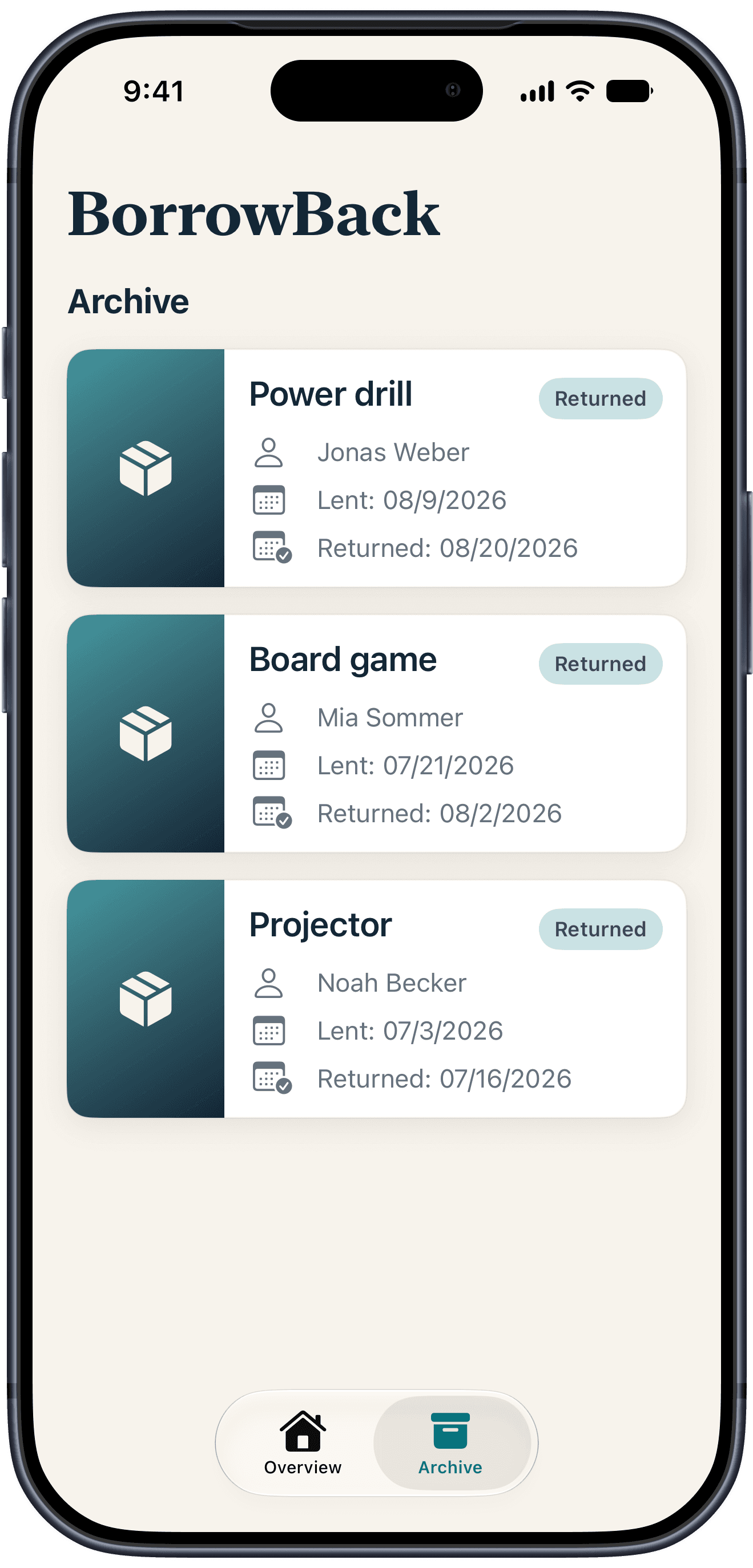 The archive, listing items that have already been returned