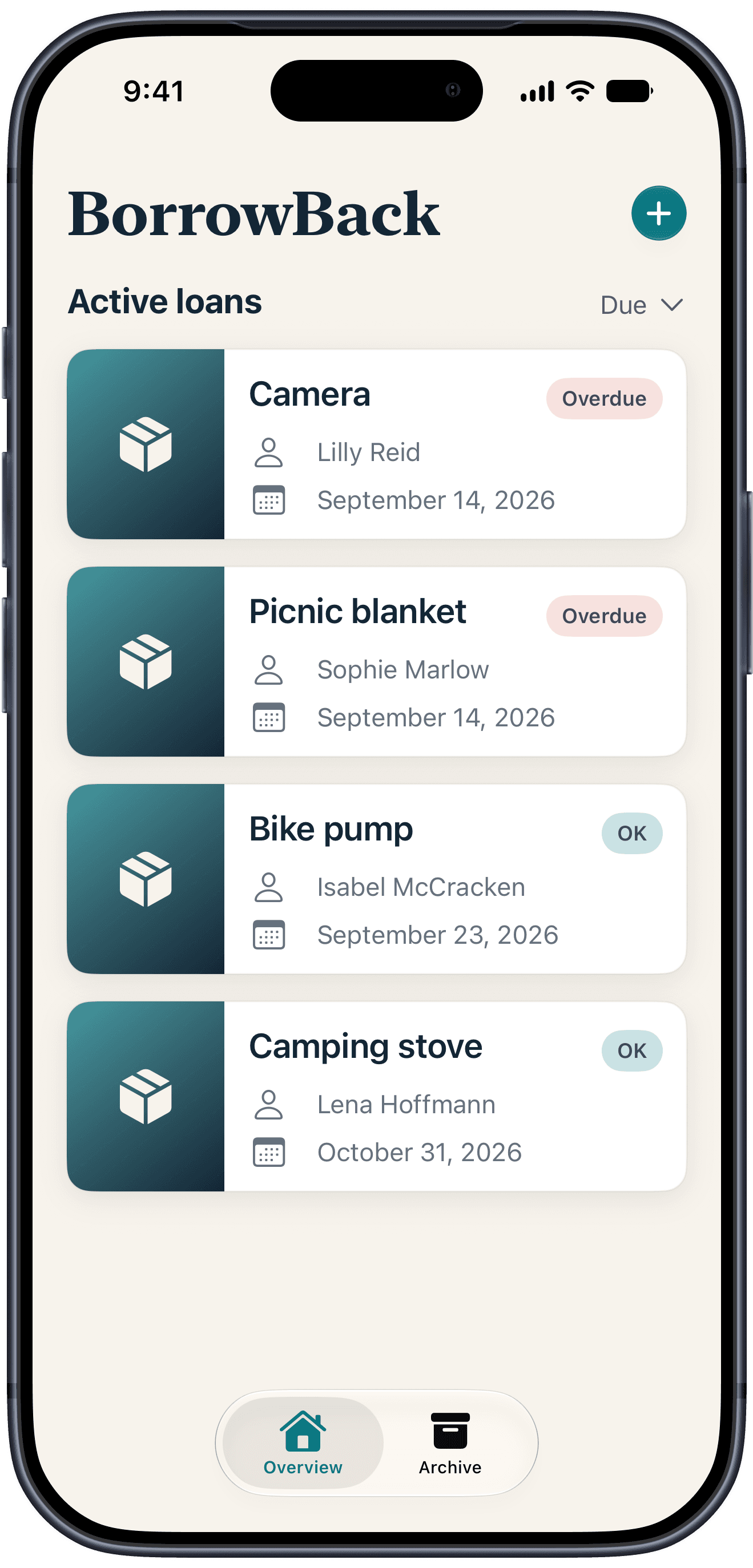 The BorrowBack overview, listing four active loans with their due dates